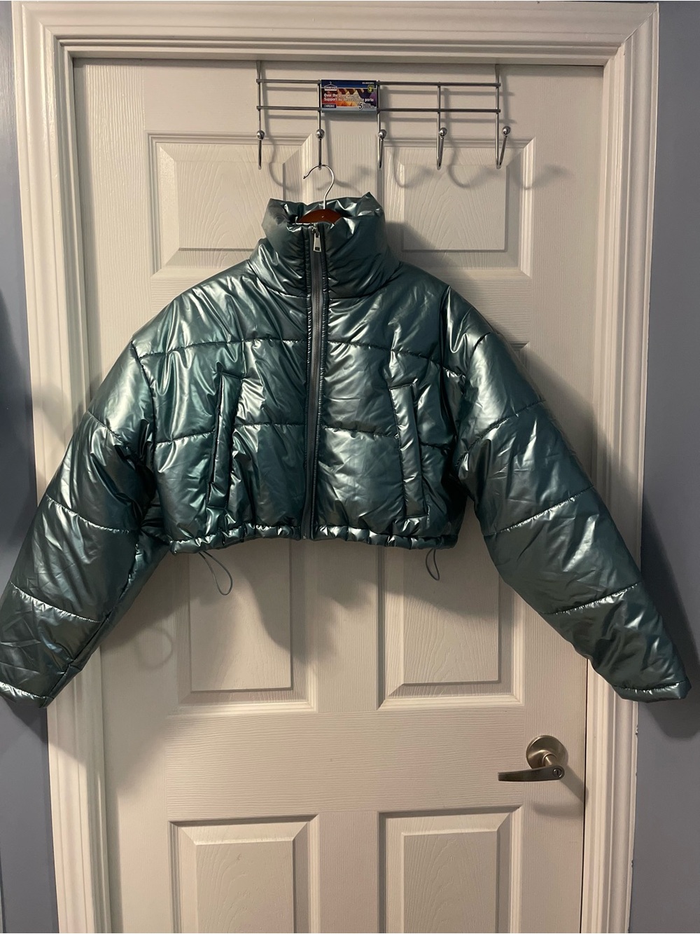 Urban Outfitters Metallic Teal Cropped Puffer Jacket